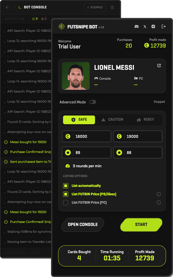 The GOATBot side panel UI showing snipe filters, price range, and live stats